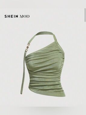 SHEIN Light Sage One-Shoulder Ruched Halter Crop Top